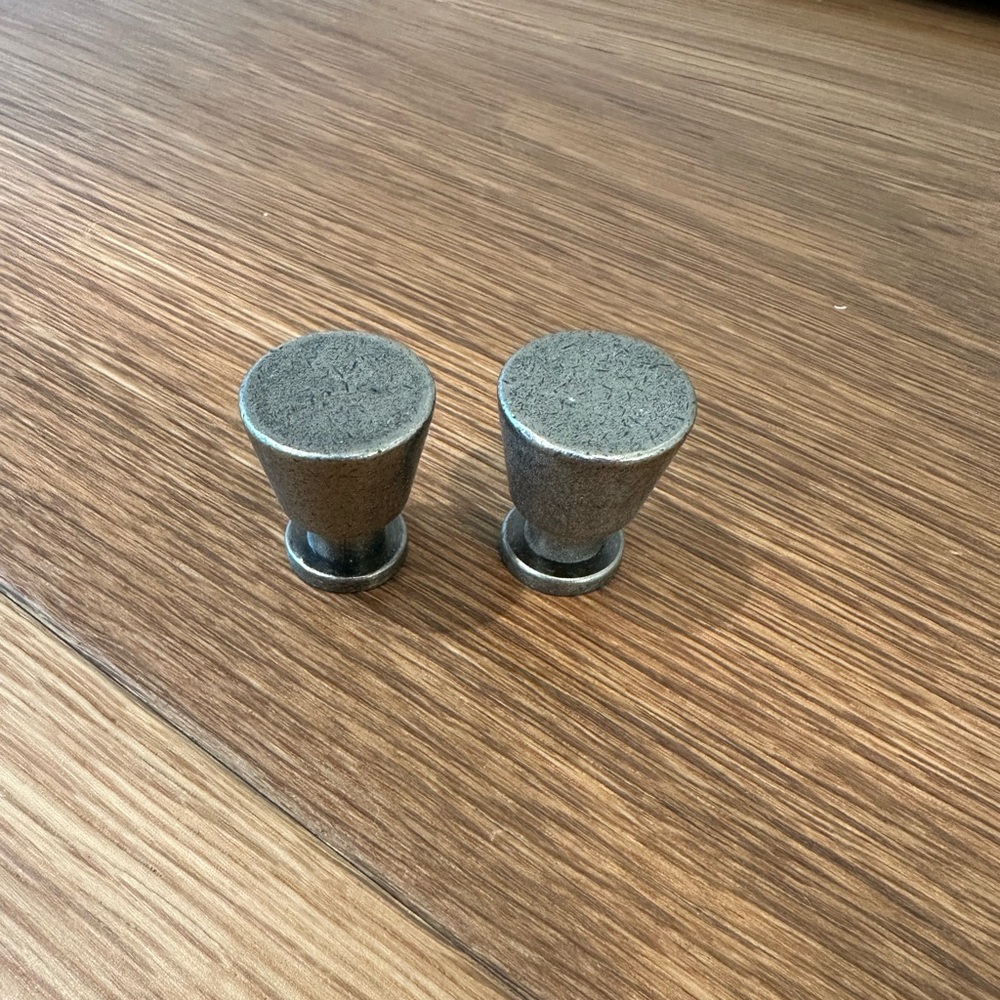 Set of 2 Silver Drawer Knobs (1 in long, 0.5 in at base tapering to 0.75 in)